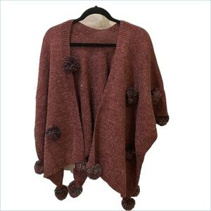 Cozy, boutique  Pom-Pom poncho. Burgundy with mixed color Pom poms  One size.